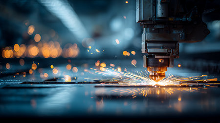 Close-up view of a laser cutting machine in operation, creating sparks as it cuts through metal. The process showcases modern industrial fabrication technology.の素材