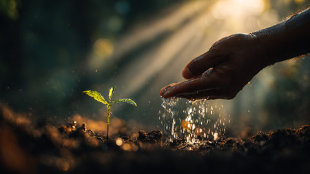 An upward-facing shot shows a hand watering a sprout in dark soil with sunlight breaking through. Water droplets glisten as they fall, symbolizing growth and life.の素材