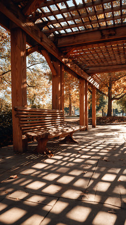 Captured in warm light, a wooden bench rests under a pergola, casting patterned shadows. Autumn foliage frames the scene, creating a serene park view in natural light.の素材