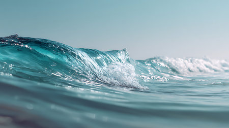 A close-up view of a turquoise ocean wave as it curls and crashes, revealing the clear water's texture and motion, with a pale blue sky in the background.の素材
