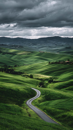 This image captures a winding road in Tuscany, Italy, surrounded by vibrant green hills and fields. A dramatic cloudy sky adds depth to the stunning landscape view.の素材