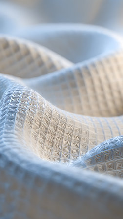 Close-up displaying the texture of abstract, woven fabric. The square pattern is consistent across undulating curves, highlighted with gentle shades of blue and gold lighting.の素材