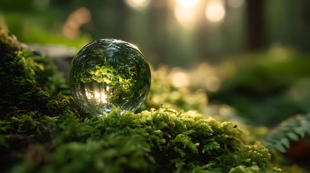 Crystal ball reflecting a forest scene with sunlight on vibrant moss, focusing on nature's beauty and delicate details in a dreamy, ethereal atmosphere.の素材