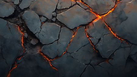 This image showcases a textured gray surface fractured with fissures, revealing a fiery orange glow emanating from within the cracks, creating a striking contrast.の素材
