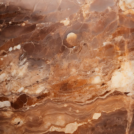 Close-up reveals the detailed intricacies of a brown and beige onyx texture. This image captures the mesmerizing marble stone pattern, showcasing its natural beauty and depth throughout the surface.の素材