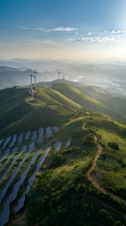 Aerial view showcases a renewable energy farm on a series of grassy rolling hills. Wind turbines stand atop the highest ridge, contrasted by solar panels on slopes and valleys.の素材