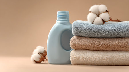 Still life captures pastel folded towels, a bottle of laundry detergent, and cotton flowers against a neutral background. Cozy laundry aesthetic evokes cleanliness and softness.の素材