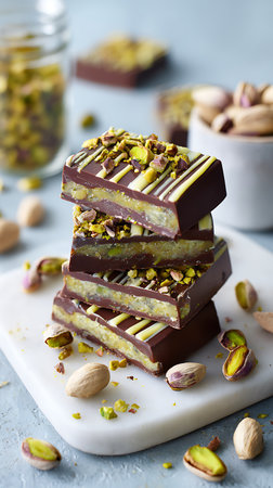 Towering stack of fudge bars, adorned with pistachios and drizzled chocolate, rests on a marble board, surrounded by scattered pistachios, evoking indulgence and culinary artistry.の素材