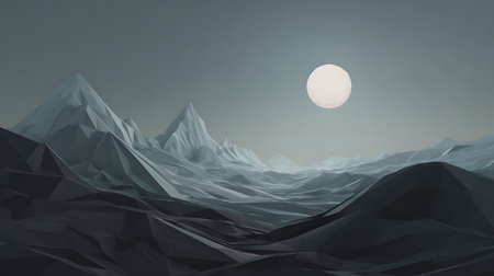A computer-generated landscape showcasing low-poly mountains beneath a bright, full moon against a dusky sky. Abstract, geometric shapes define the terrain's peaks and valleys.の素材