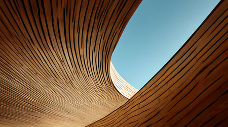 Low-angle shot showing an abstract wooden structure with parallel wooden planks and a view of the clear blue sky. Architectural design and interesting perspective present.の素材