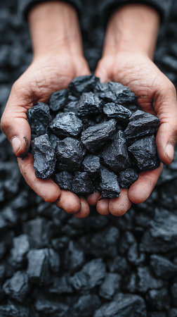 Close-up showcases two human hands cupping and holding several pieces of coal ore, with more pile of coal visible in the background, a natural source.の素材
