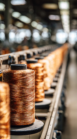Image shows a row of copper wire spools lined up inside an industrial facility. Each spool is neatly wound with copper wire, and the background is blurred.の素材