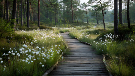 Scenic view of a wooden boardwalk leading through a forest. Cotton grass flowers and green vegetation are at the path's edges, with tall trees surrounding the trail.の素材