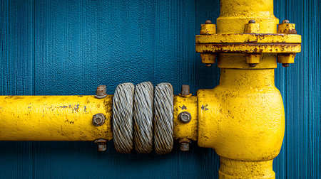 Close-up showcases a yellow metal pipe secured with grey cables against a vibrant blue textured wall. Rusty bolts and details highlight the industrial aesthetic, showcasing wear.の素材