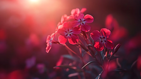 Close view featuring radiant phlox blooms illuminated with soft, warm light, creating a serene and tranquil atmosphere that evokes feelings of peace and natural beauty.の素材