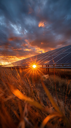 Striking view of a solar panel farm at sunset, with the sun's rays piercing through a field of dry grass under a dramatic, colorful, and cloudy sky.の素材