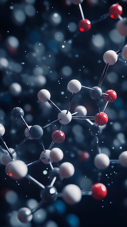 Detailed molecular structure featuring white, red, and gray atoms connected by reflective metallic bonds. The background is a soft, out of focus bokeh effect with particles.の素材