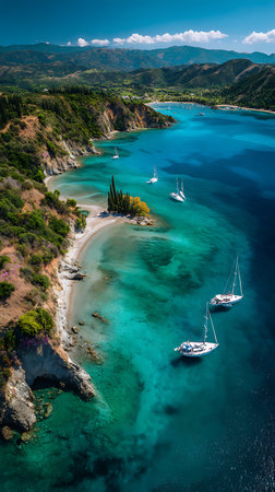 Aerial shot featuring turquoise waters with sailboats, rocky cliffs and sandy beaches of a beautiful Greek island bay. Mountains are visible in the distant background.の素材