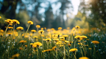 A sun-drenched meadow, brimming with vibrant yellow dandelions, set against a backdrop of soft, blurred trees and a bright sky. The field showcases the beauty of spring.の素材