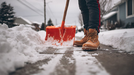 A person in brown work boots and striped pants shovels snow from a concrete sidewalk with an orange shovel, houses visible in the wintery background.の素材