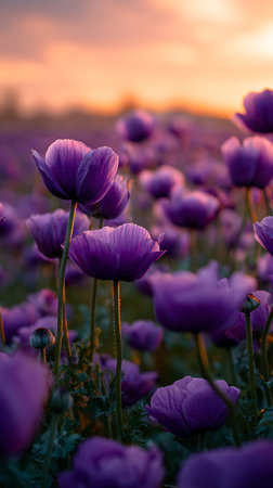 A tranquil image capturing a field of purple poppies bathed in the warm glow of sunset. Soft focus enhances the dreamy atmosphere, highlighting floral beauty.の素材