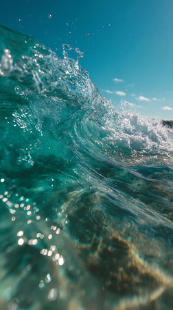 An underwater shot captures a beautiful turquoise wave as it curls and crests against a cloud-dotted blue sky, with shimmering bokeh effects adding an ethereal touch.の素材