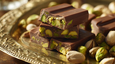 A close-up shot captures three pieces of rich, dark chocolate interspersed with pistachios, stacked on an ornate gold tray, evoking indulgence and artisanal craftsmanship.の素材