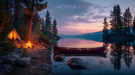 Serene lakeside camping scene featuring a red canoe partially submerged in calm water, a glowing campfire near a tent, and a colorful sunset reflecting on the lake.の素材