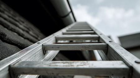 A ground-level upward angle capturing a metal ladder extending toward a gray, cloudy sky, leaning against a dark rooftop with visible guttering.の素材