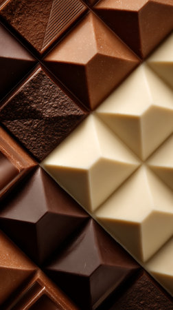 Close-up shows varied chocolate squaresâdark, milk, whiteâforming a geometric diamond pattern. Captures textures, highlighting smooth surfaces and subtle color gradations within each chocolate type.の素材