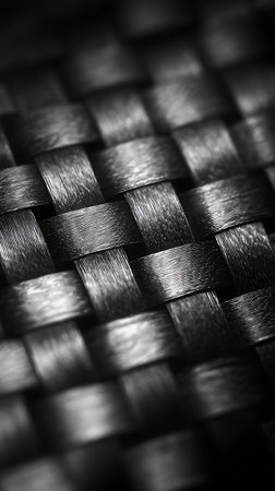 A vertically-oriented macro shot shows a finely-woven dark material. The weaving creates a distinctive grid-like pattern, highlighted by the light and shadows, enhancing the texture.の素材