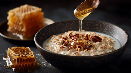Creamy oatmeal topped with pecans being drizzled with honey. Honeycomb chunks sit nearby. Perfect for a healthy, delicious breakfast. Dark, moody lighting enhances the food's appeal.の素材