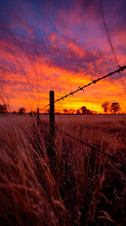 A captivating view of a vibrant orange and purple sunset illuminating a rural scene with a barbed wire fence in the foreground and a golden field beyond.の素材