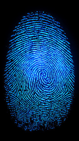 A vibrant blue, illuminated fingerprint on a black background, representing security, identification, and advanced technology. The unique swirls and patterns showcase individuality and data.の素材