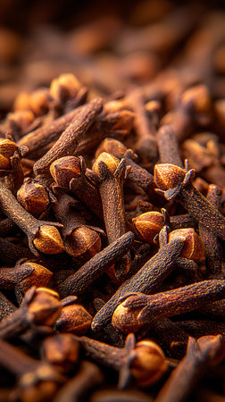 Close-up shot showcases a pile of dry, whole cloves, highlighting their textured stems and rich, warm brown and gold color. Aromatic spice ready for use.の素材