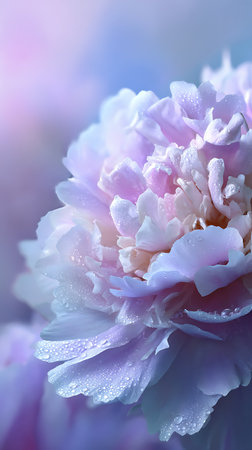 Close-up image showcasing a beautiful pastel pink peony flower, its delicate petals adorned with shimmering water droplets. Soft light enhances the floral beauty.の素材