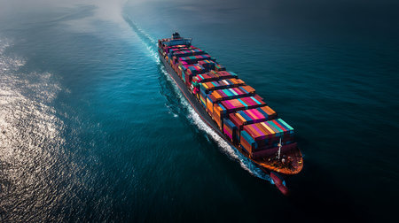 An aerial perspective shows a large container ship loaded with colorful cargo containers traversing the deep blue ocean, leaving a foamy wake behind.の素材