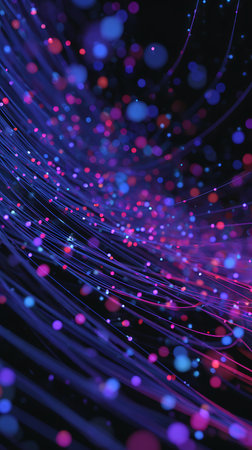 Dynamic abstract image featuring blurred spheres in purple, blue, and red, intertwined with flowing lines against a dark backdrop. Great for modern designs.の素材