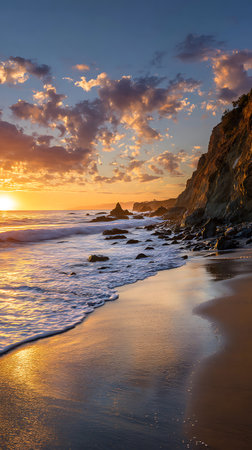 Stunning ocean sunset showcasing vibrant, golden light reflecting on the wet sand, ocean waves, and rocky cliffs. Clouds are illuminated, adding warmth to the tranquil scene.の素材
