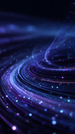Swirling abstract image showcasing flowing blue and purple light streaks with blurred bokeh dots against a dark backdrop, creating a dynamic, ethereal aesthetic.の素材