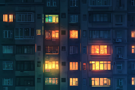 Stylized depiction of an apartment building at night. Several windows are brightly lit in orange and yellow shades, contrasting with the dark gray facade and the cool blue evening light.の素材