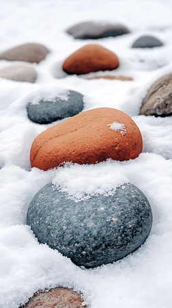Captivating close-up featuring rounded river rocks of various colors emerging from freshly fallen snow, creating a serene winter scene. Rocks have texture and are partially covered with snowflakes.の素材