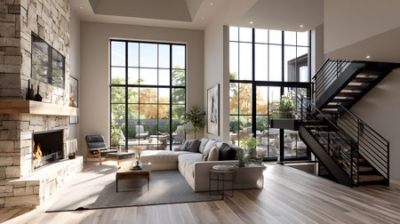 Bright, spacious living area featuring a stone fireplace, modern furniture arrangement, large windows viewing the yard, and open staircase, finished with light wood flooring.の素材
