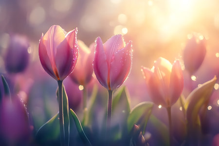 A soft and dreamy image showing dew drops on tulip petals, reflecting the gentle morning sunlight. The close up view captures the flower's delicate texture, vibrant color, and serene mood.の素材