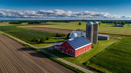 Aerial view displays agricultural landscape including a red barn equipped with solar panels, grain silos, cultivated fields, and picturesque cloudy sky.の素材