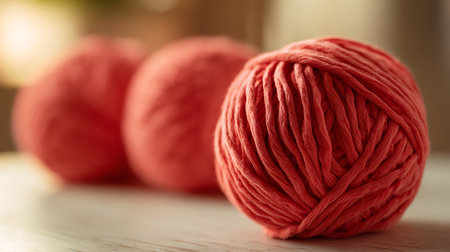 A close-up shot featuring three balls of coral red yarn, with one in sharp focus resting on a light wood surface. The background shows the other two balls of yarn in soft focus.の素材