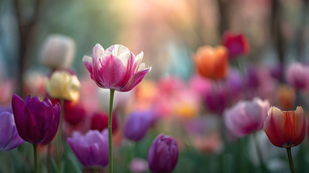 A striking pink and white tulip stands out in sharp focus against a soft, dreamy background of blurred tulips in assorted vibrant colors. Spring bloom.の素材