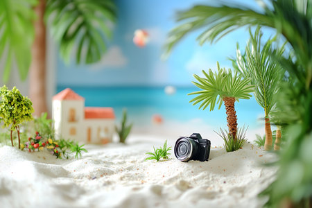 A miniature scene shows a black camera resting on bright white sand with tiny palm trees and small plants; a beach house sits in the blurred background near a painted ocean.の素材