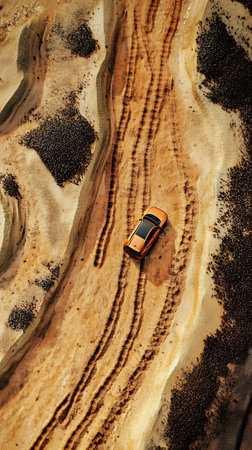 High-angle view capturing an orange and black car leaving multiple tire tracks in a unique sandy terrain featuring dark pebbles and layered sandy formations.の素材