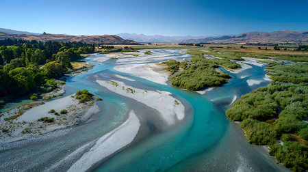 Aerial view capturing the braided river system in New Zealand. Clear turquoise water weaves through gravel beds, bordered by lush greenery and rolling hills under a clear blue sky.の素材
